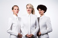 White women wearing white formal airline stewardess uniform portrait sleeve adult.
