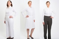 White women wearing white corporate uniform portrait sleeve blouse.