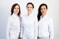 White women wearing white corporate uniform portrait blouse sleeve.