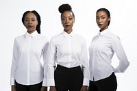 Black women wearing white corporate uniform portrait sleeve blouse.