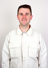 White man wearing white engineer fluorescent jacket uniform portrait sleeve shirt.
