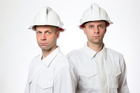 White men wearing white fireman uniforms portrait hardhat helmet.