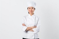 Asian women wearing white chef uniform portrait white background scientist.
