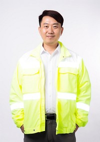 Asian man wearing white engineer fluorescent jacket uniform portrait shirt adult.