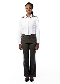 Black woman wearing white cabin crew uniform portrait blouse white background.