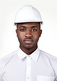 Black man wearing white engineer uniform portrait hardhat helmet.