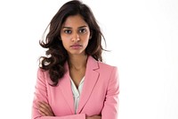 Young Indian business woman wearing a pink and skeptical expression portrait blazer adult.
