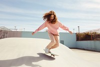 Skater girl jump and rides on skateboard at skate park adult skateboarding skateboarder.