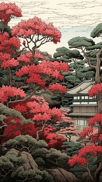 Traditional japanese wood block print illustration of azalea garden outdoors nature flower.