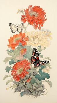 Traditional japanese wood block print illustration of butterfly with flower bouquet painting pattern animal.