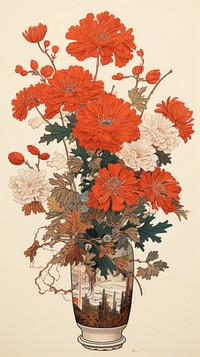 Traditional japanese wood block print illustration of flower vase painting pattern plant.