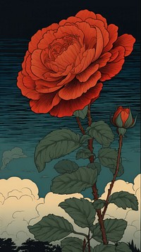 Traditional japanese wood block print illustration of a red rose against summer cloud flower plant art.