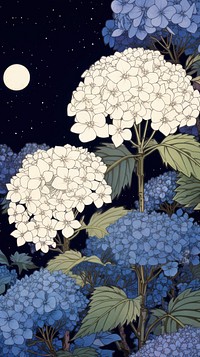 Traditional japanese wood block print illustration of hydrangea in starry night flower outdoors pattern.