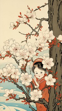Traditional japanese wood block print illustration of a baby girl with sakura flower plant art.