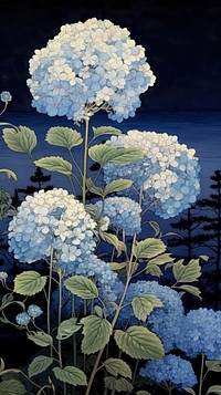Traditional japanese wood block print illustration of hydrangea in starry night flower outdoors nature.