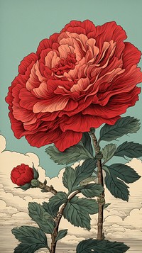 Traditional japanese wood block print illustration of a red rose against summer cloud flower painting plant.