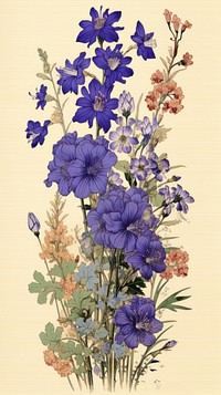 Flower bouquet in blue and purple color pattern plant art.