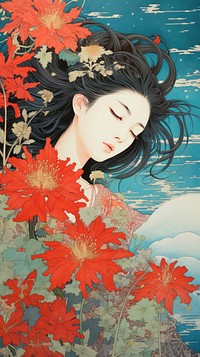 Traditional japanese wood block print illustration of megami with red spider lily againts night sky portrait painting plant.