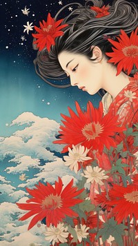Traditional japanese wood block print illustration of megami with red spider lily againts night sky flower painting portrait.