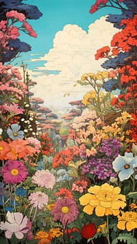 Traditional japanese wood block print illustration of heaven flowers garden landscape outdoors painting nature.