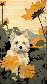 Traditional japanese wood block print illustration of a puppy with sunflower terrier mammal animal.