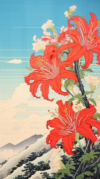 Traditional japanese wood block print illustration of megami with red spider lily againts bright sky flower hibiscus painting.