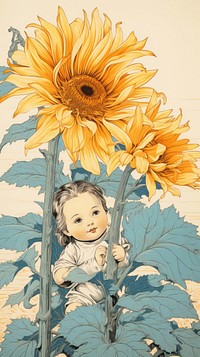 Traditional japanese wood block print illustration of a puppy with sunflower drawing sketch plant.