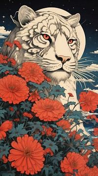 Traditional japanese wood block print illustration of tiger with red spider lily againts night sky flower pattern animal.