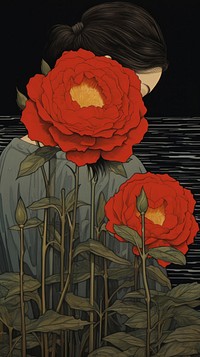 Traditional japanese wood block print illustration of red rose over ear flower painting plant.