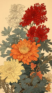 Traditional japanese wood block print illustration of four season flowers painting pattern plant.