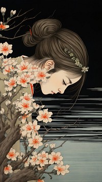 Traditional japanese wood block print illustration of sakura over ear flower portrait adult.