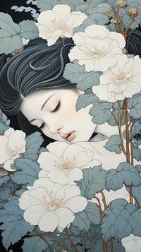 Traditional japanese wood block print illustration of white primrose over ear flower portrait plant.