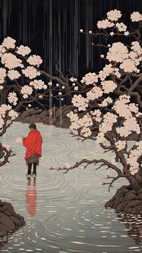 Traditional japanese wood block print illustration of man holding a sakura outdoors flower plant.