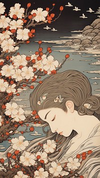 Traditional japanese wood block print illustration of sakura over ear flower art tranquility.