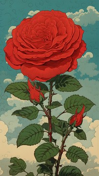 Traditional japanese wood block print illustration of a red rose against summer cloud flower painting plant.