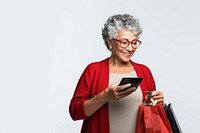 Young Hispanic senior woman buying shopping bags portrait glasses adult.