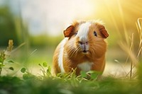 A guinea pig sitting on a green grass hamster animal mammal.