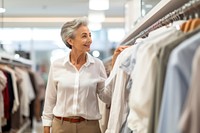 A Latin senior woman choosing shirt from the discounted items area in store shopping adult entrepreneur.