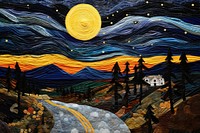 Stunning joyful road with season in starry night in nighttime landscape outdoors painting.