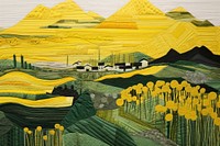 Stunning joyful countryside in green and yellow agriculture landscape painting.