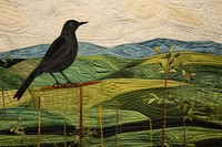 Stunning joyful bird with agriculture field painting textile animal.