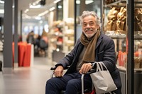 A smart looking old Latin man on wheelchair with shopping bags sitting adult men.