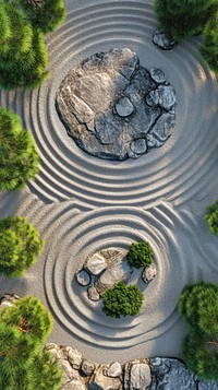 Aerial top down view of zen stone garden landscape outdoors nature.