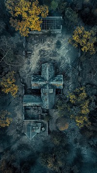 Aerial top down view of haunted house outdoors plant tree.