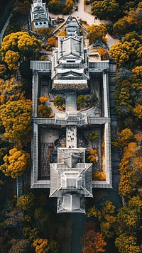 Aerial top down view of Himeji Castle architecture outdoors building.