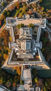 Aerial top down view of Himeji Castle architecture landscape building.