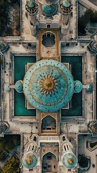 Aerial top down view of stunning mosque architecture building landmark.