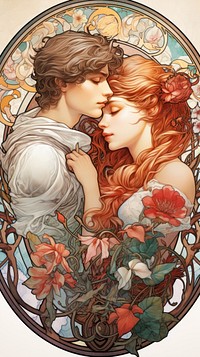 An art nouveau drawing of a couple lover kissing adult affectionate.