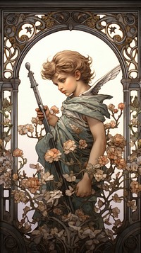 An art nouveau drawing of a baby cupid portrait fairy architecture.