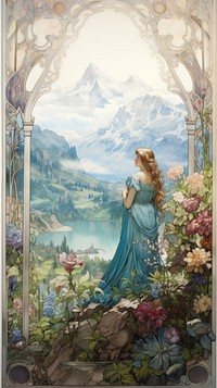 An art nouveau drawing of fjord landscape painting outdoors fairy.